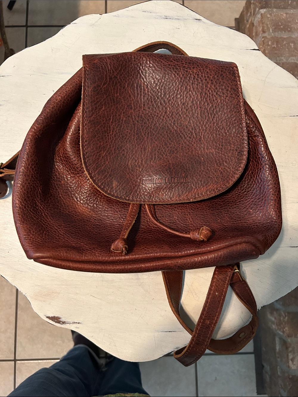 PORTLAND LEATHER GOODS Brown Pebbled Leather Bucket Backpack Bag Shoulder Straps